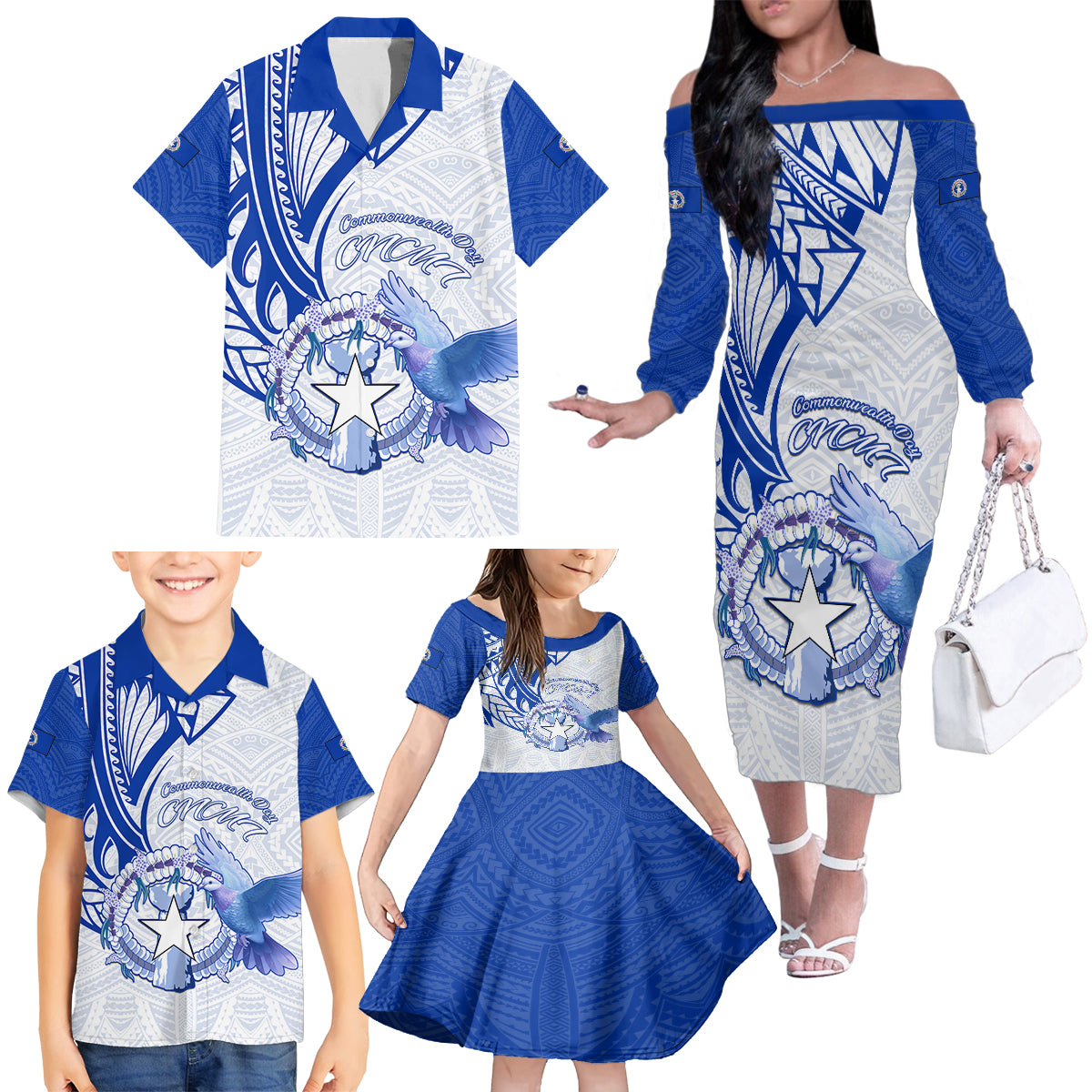 Personalised Northern Mariana Islands Commonwealth Day Family Matching Off Shoulder Long Sleeve Dress and Hawaiian Shirt Simple Style LT05 - Polynesian Pride