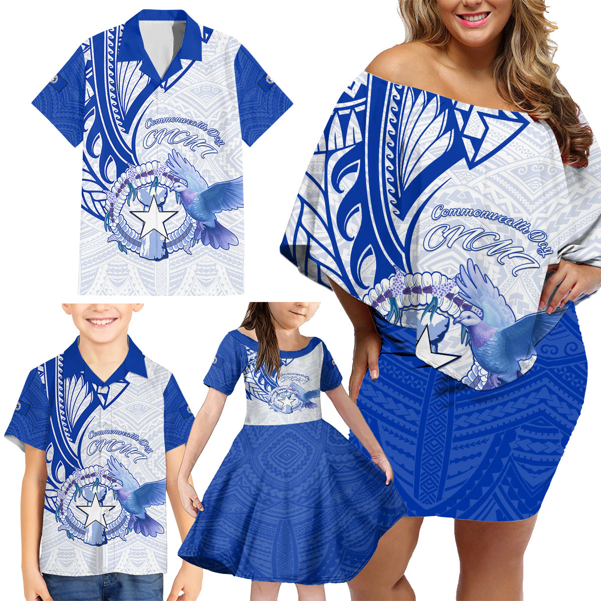 Personalised Northern Mariana Islands Commonwealth Day Family Matching Off Shoulder Short Dress and Hawaiian Shirt Simple Style LT05 - Polynesian Pride