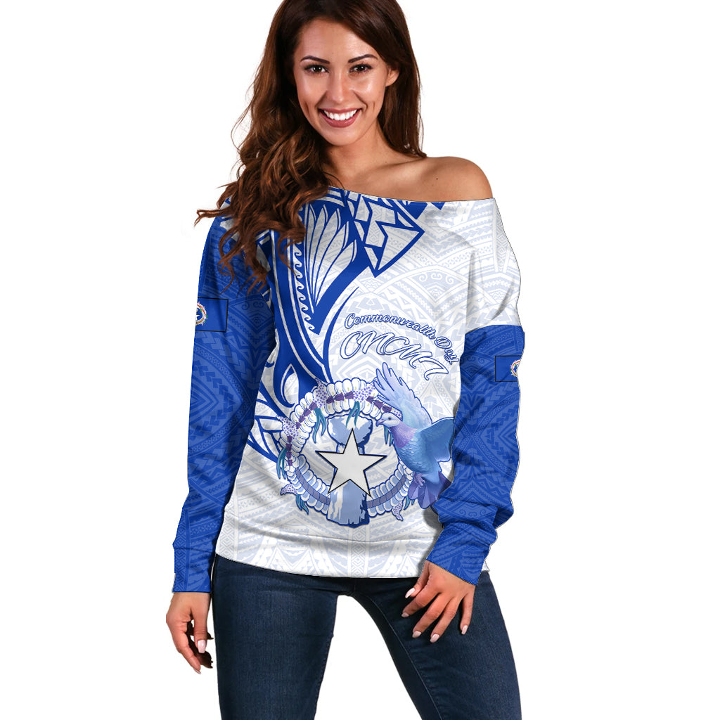 Personalised Northern Mariana Islands Commonwealth Day Off Shoulder Sweater Simple Style LT05 Women Blue - Polynesian Pride