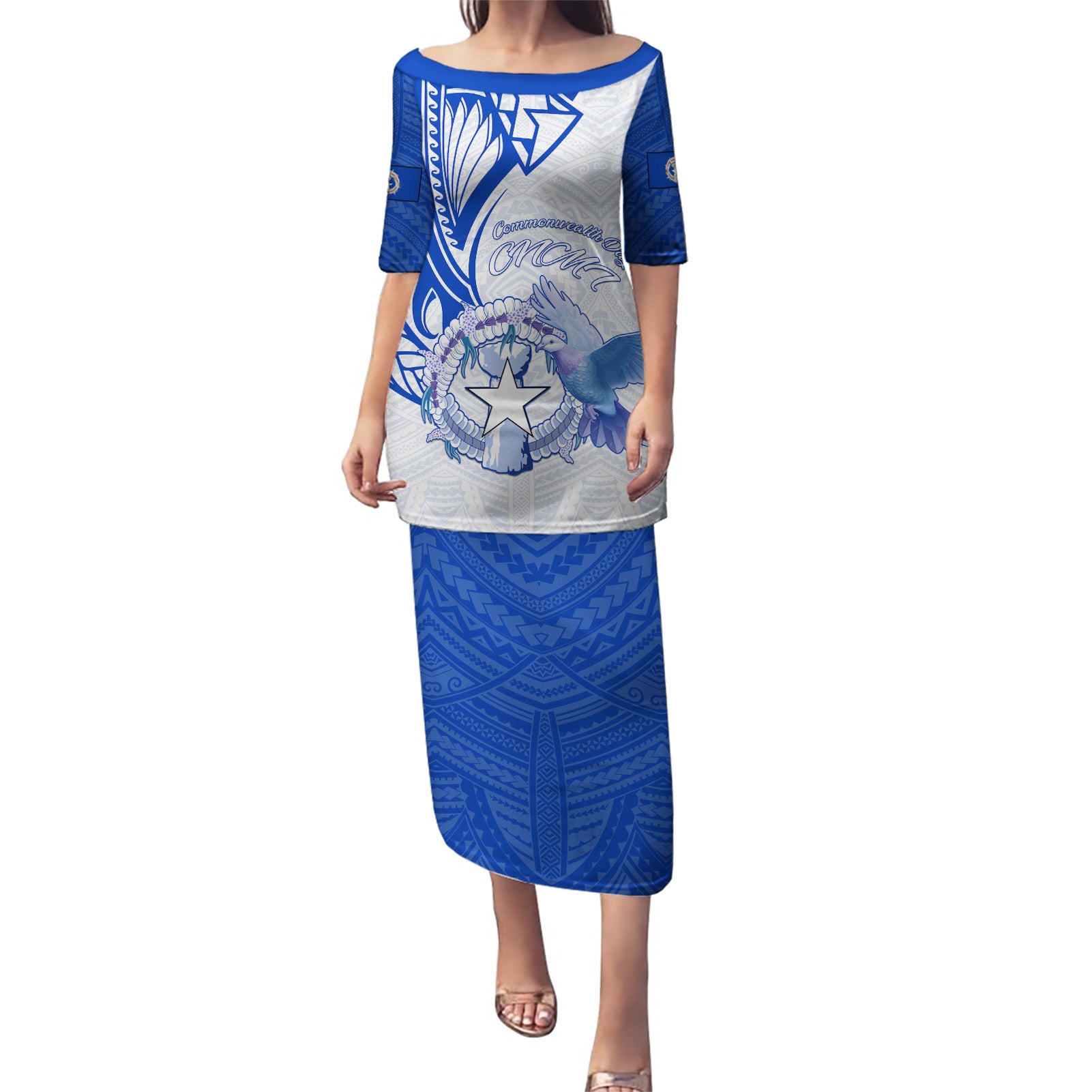 Personalised Northern Mariana Islands Commonwealth Day Puletasi Simple Style LT05 Long Dress Blue - Polynesian Pride