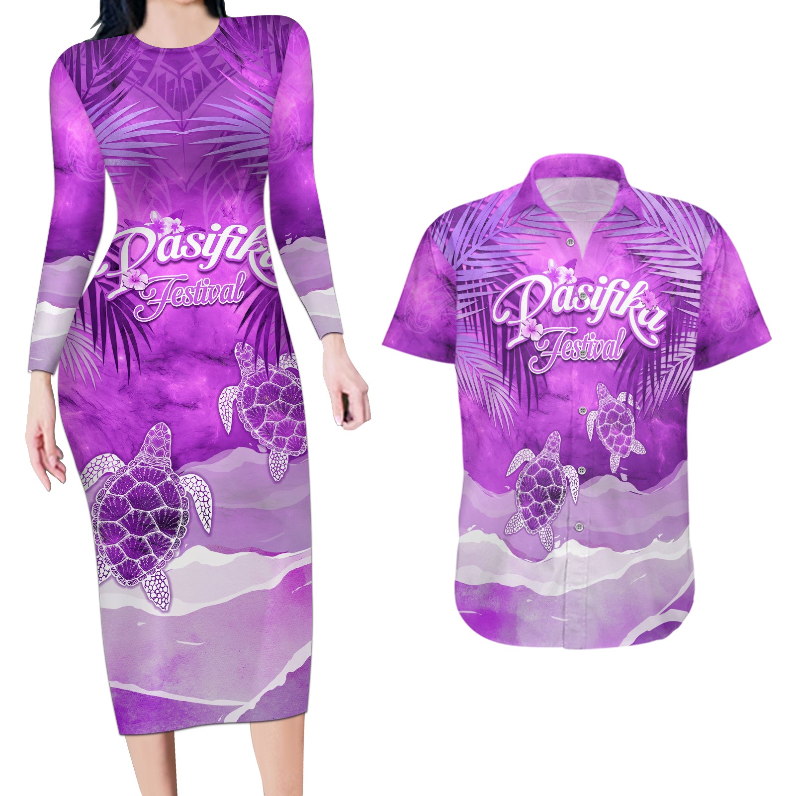 Personalised Pasifika Festival Couples Matching Long Sleeve Bodycon Dress and Hawaiian Shirt Violet Tropical Turtle LT05 Violet - Polynesian Pride