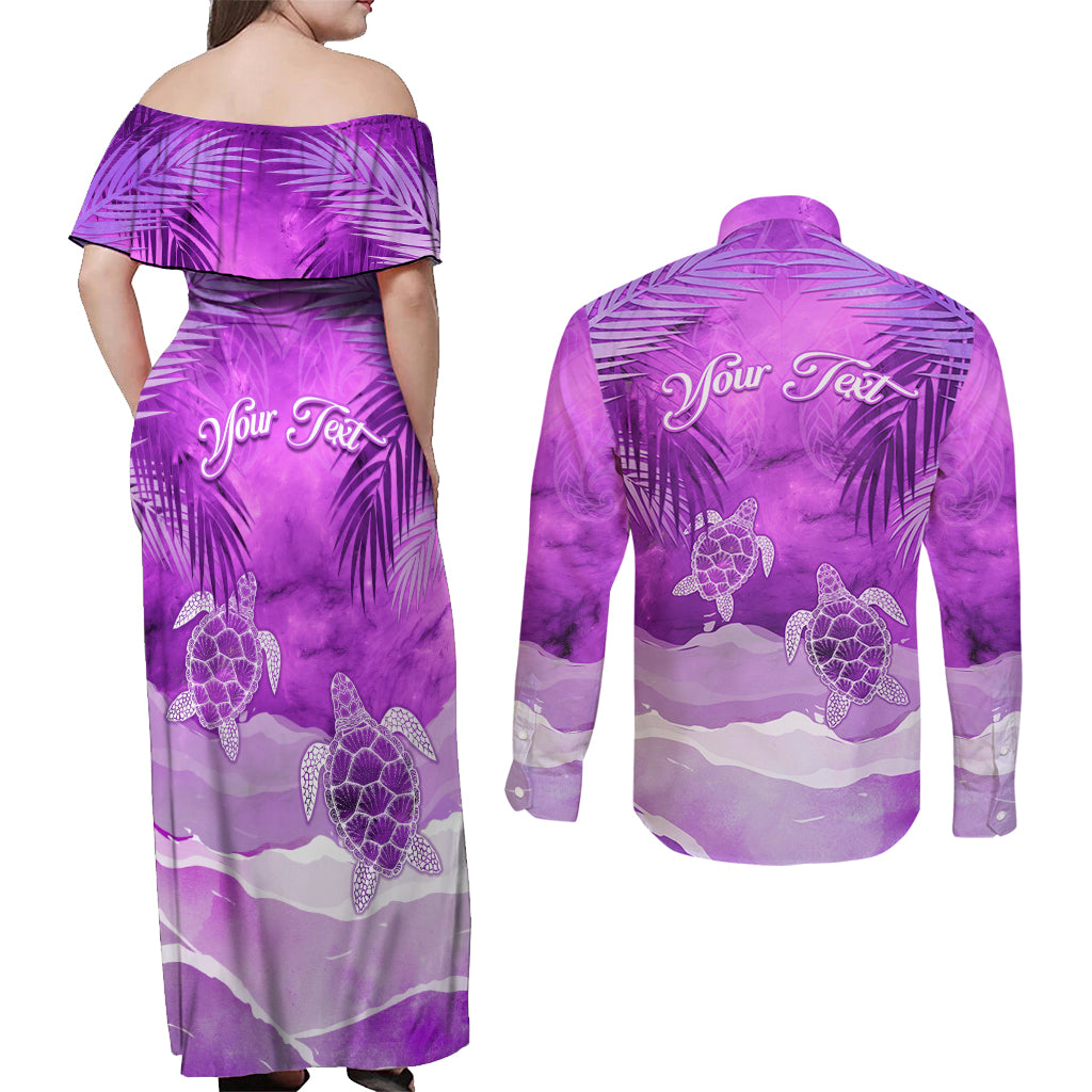 Personalised Pasifika Festival Couples Matching Off Shoulder Maxi Dress and Long Sleeve Button Shirt Violet Tropical Turtle LT05 - Polynesian Pride