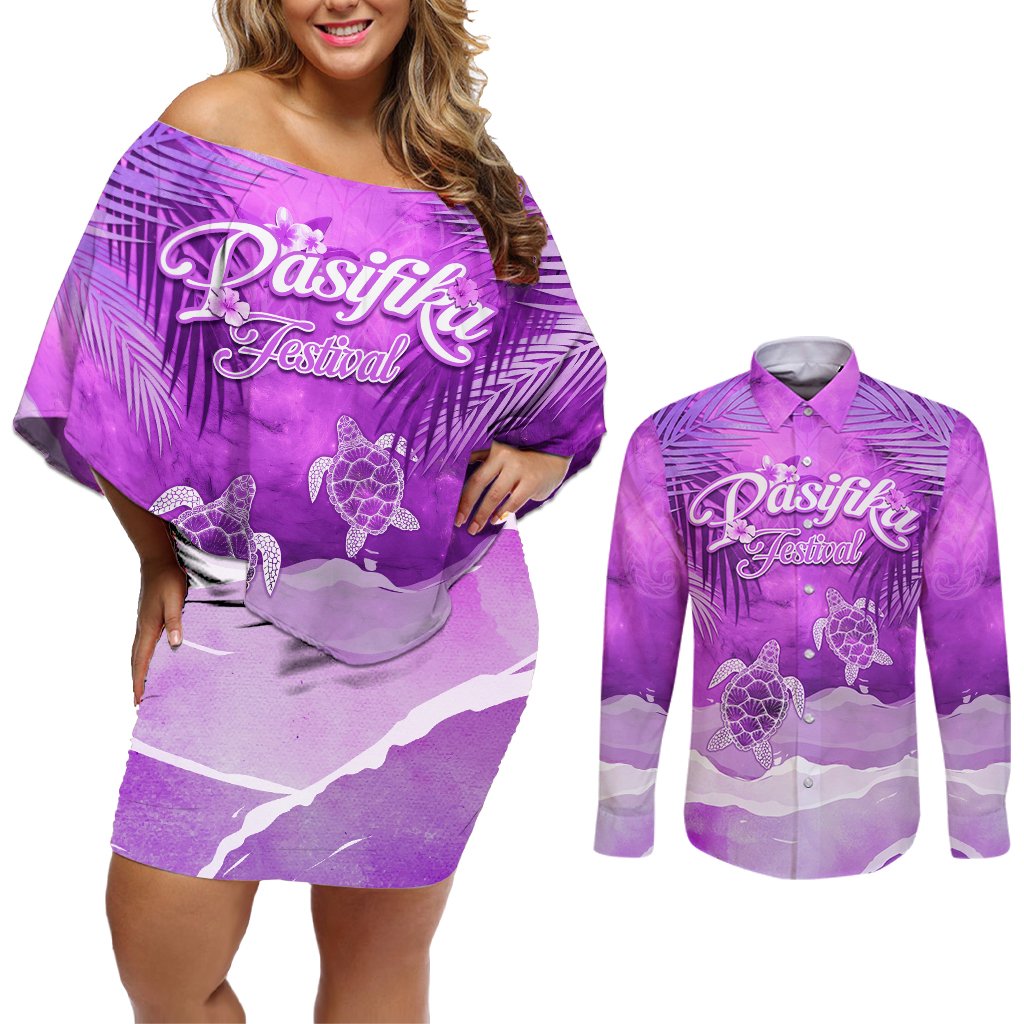 Personalised Pasifika Festival Couples Matching Off Shoulder Short Dress and Long Sleeve Button Shirt Violet Tropical Turtle LT05 Violet - Polynesian Pride