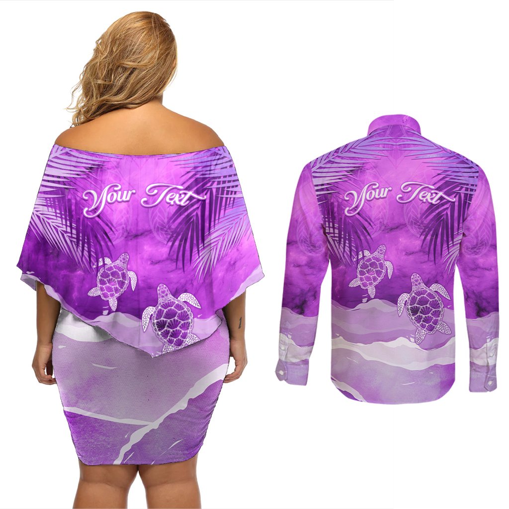 Personalised Pasifika Festival Couples Matching Off Shoulder Short Dress and Long Sleeve Button Shirt Violet Tropical Turtle LT05 - Polynesian Pride
