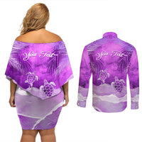 Personalised Pasifika Festival Couples Matching Off Shoulder Short Dress and Long Sleeve Button Shirt Violet Tropical Turtle LT05 - Polynesian Pride