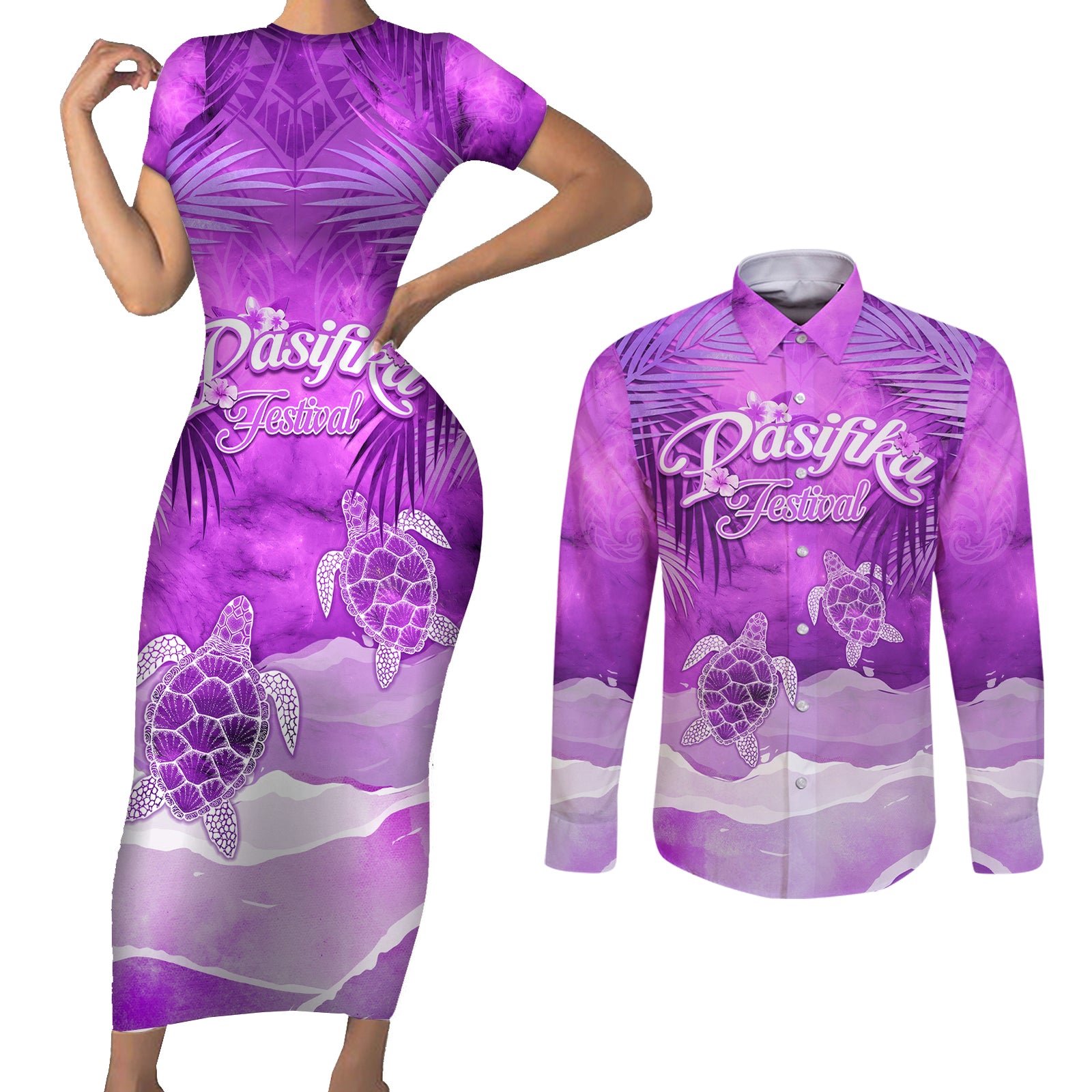 Personalised Pasifika Festival Couples Matching Short Sleeve Bodycon Dress and Long Sleeve Button Shirt Violet Tropical Turtle LT05 Violet - Polynesian Pride