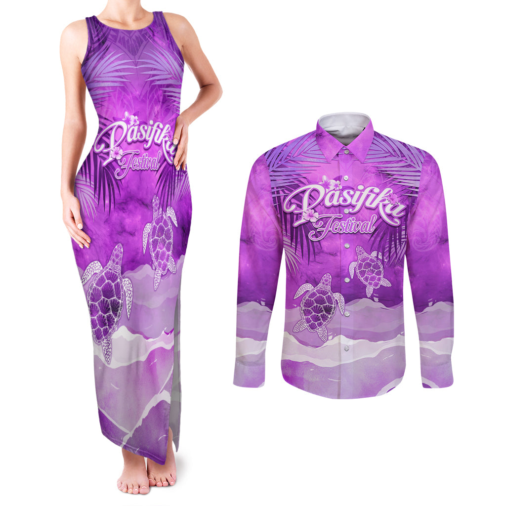 Personalised Pasifika Festival Couples Matching Tank Maxi Dress and Long Sleeve Button Shirt Violet Tropical Turtle LT05 Violet - Polynesian Pride