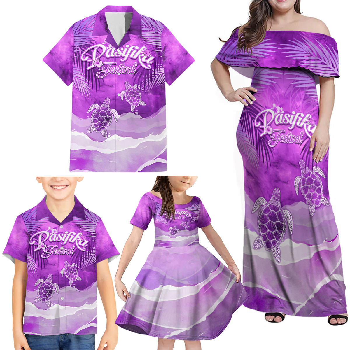 Personalised Pasifika Festival Family Matching Off Shoulder Maxi Dress and Hawaiian Shirt Violet Tropical Turtle LT05 - Polynesian Pride