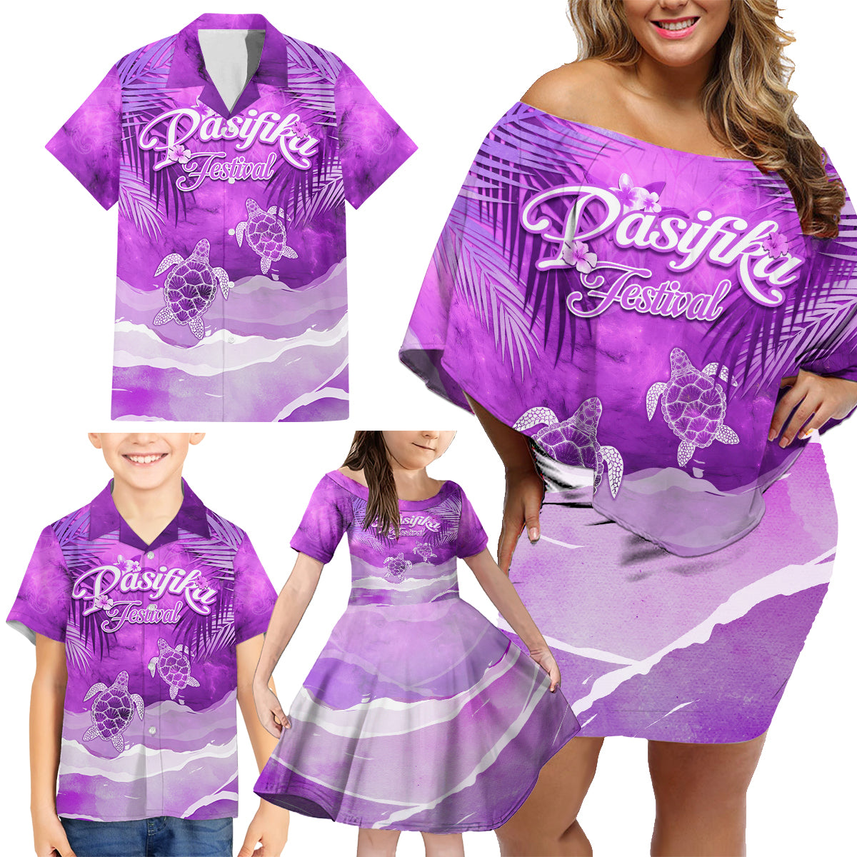 Personalised Pasifika Festival Family Matching Off Shoulder Short Dress and Hawaiian Shirt Violet Tropical Turtle LT05 - Polynesian Pride