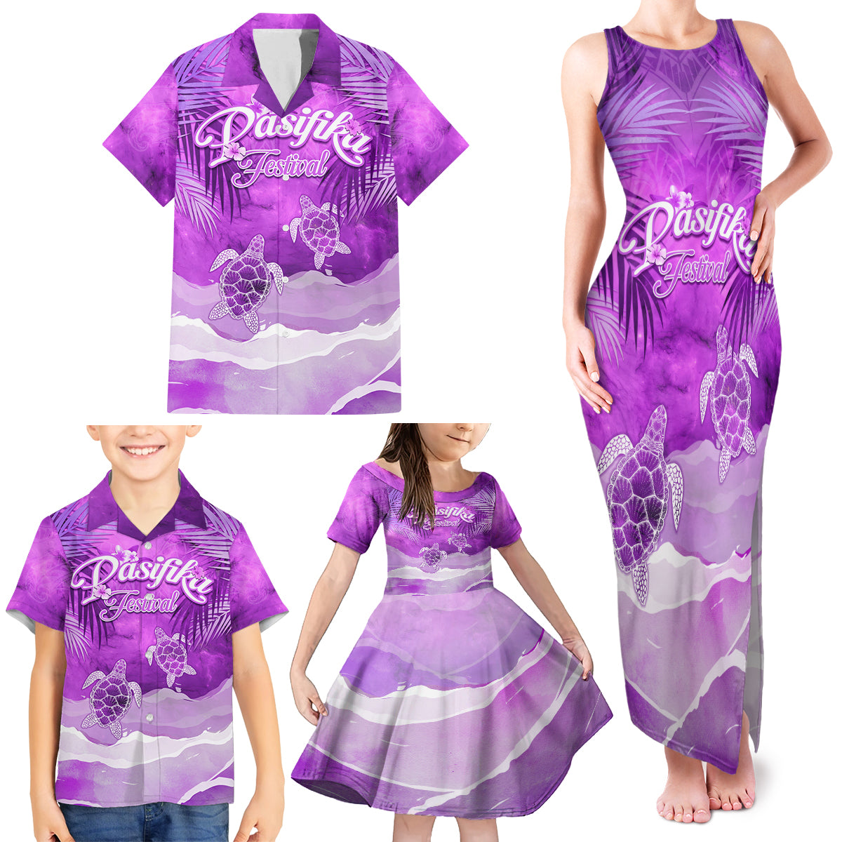 Personalised Pasifika Festival Family Matching Tank Maxi Dress and Hawaiian Shirt Violet Tropical Turtle LT05 - Polynesian Pride