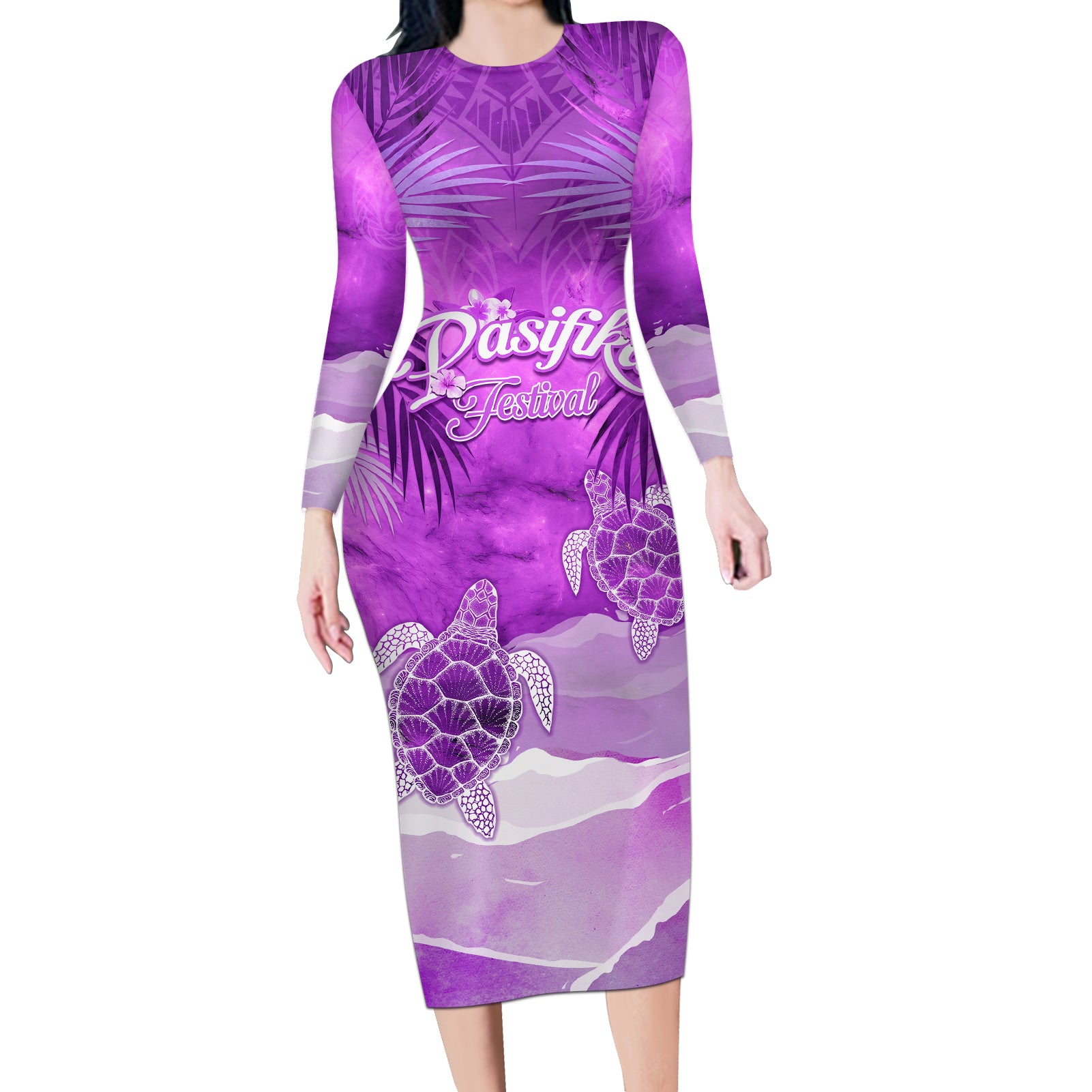 Personalised Pasifika Festival Long Sleeve Bodycon Dress Violet Tropical Turtle LT05 Long Dress Violet - Polynesian Pride