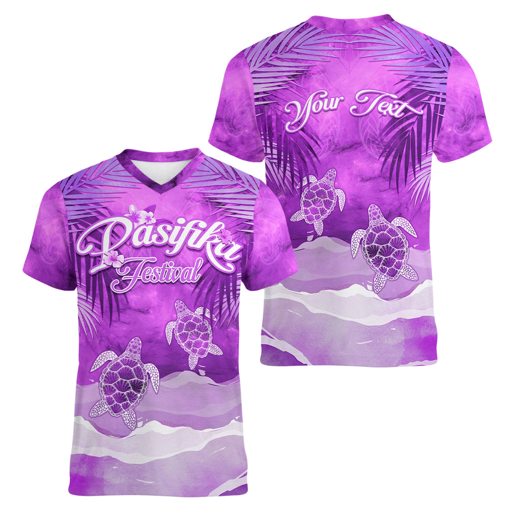 Personalised Pasifika Festival Women V Neck T Shirt Violet Tropical Turtle LT05 - Polynesian Pride