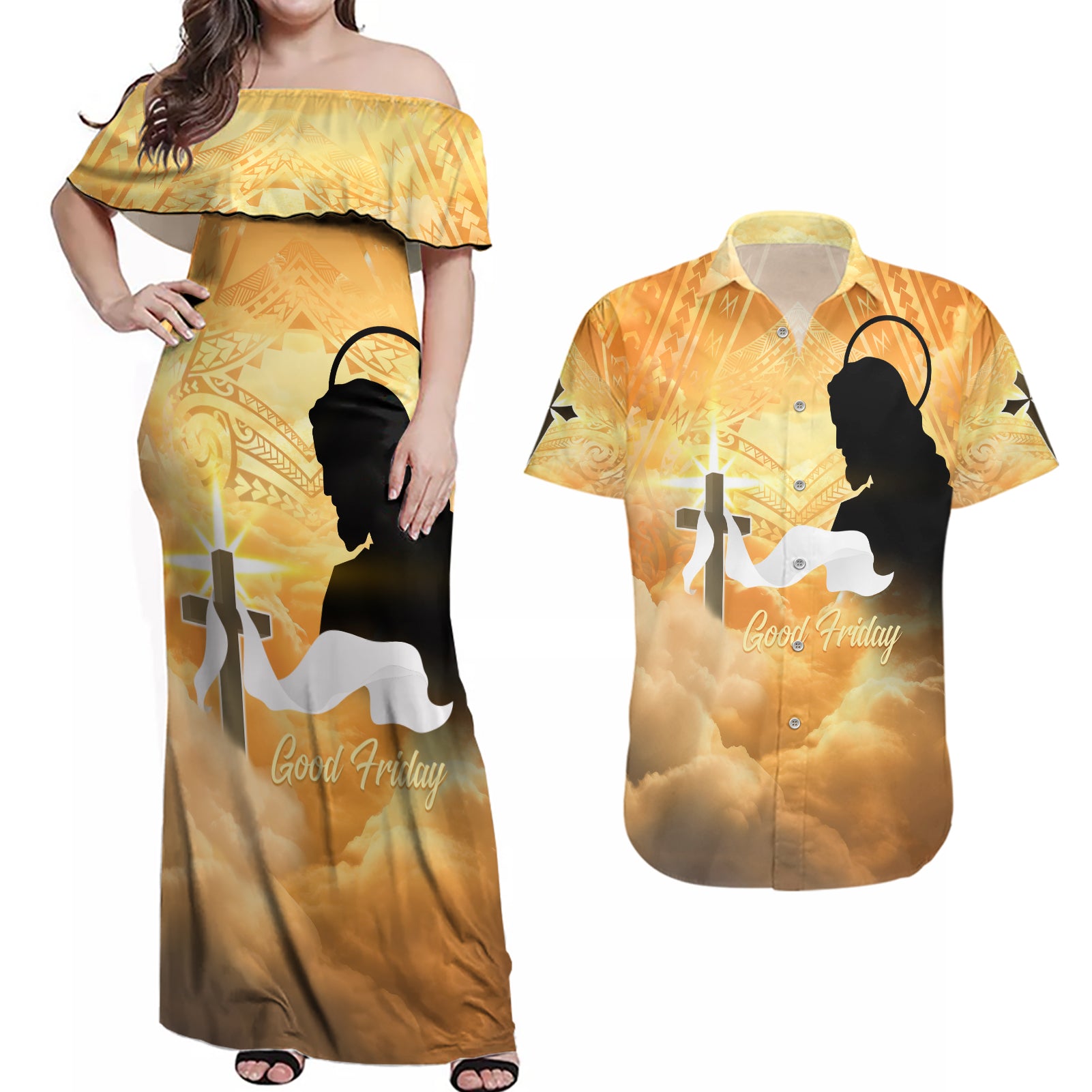 Happy Good Friday Couples Matching Off Shoulder Maxi Dress and Hawaiian Shirt God Will Bless You LT05 Gold - Polynesian Pride