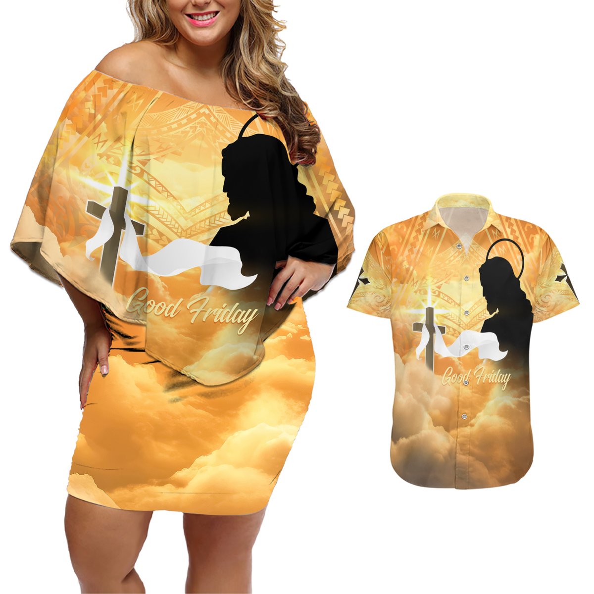 Happy Good Friday Couples Matching Off Shoulder Short Dress and Hawaiian Shirt God Will Bless You LT05 Gold - Polynesian Pride