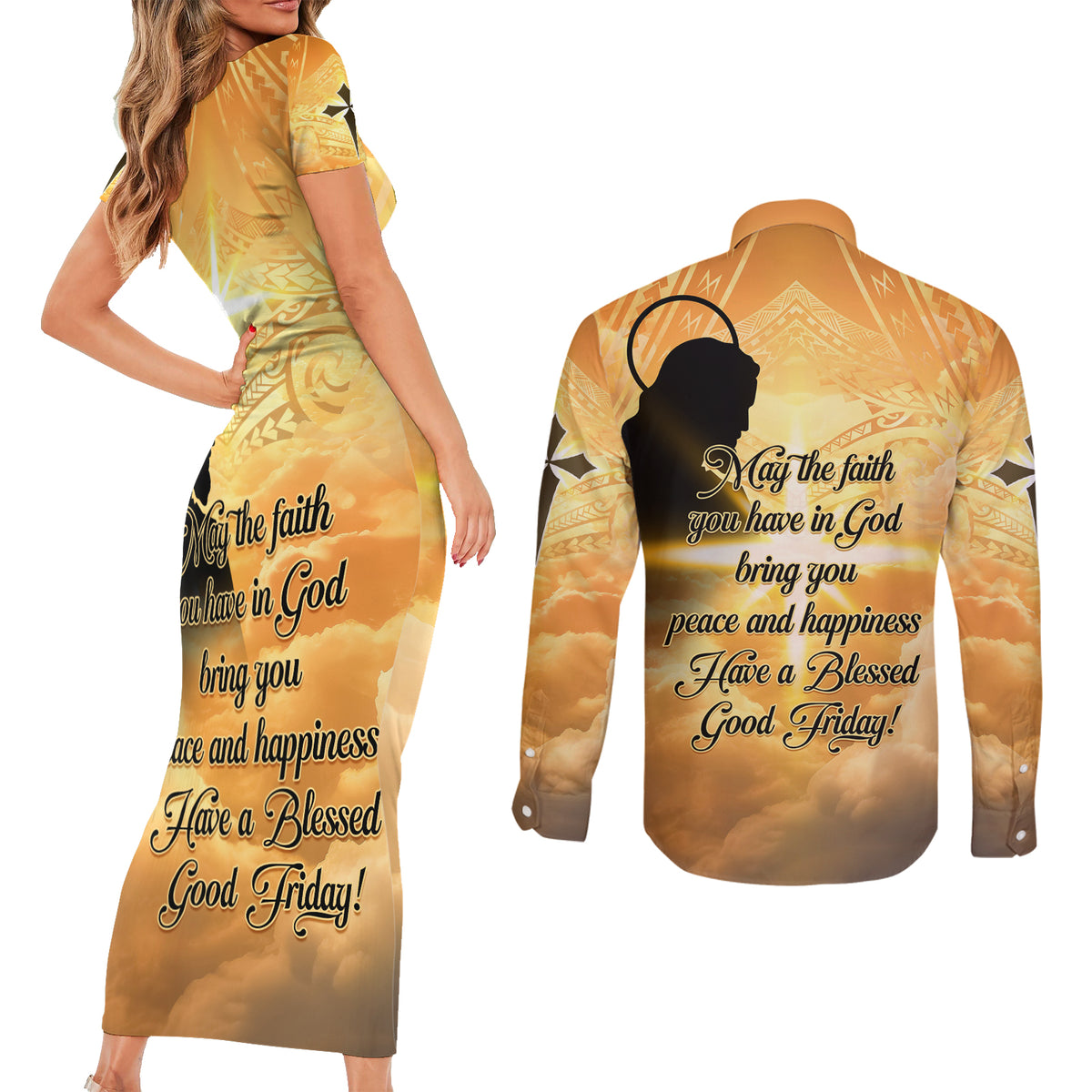 Happy Good Friday Couples Matching Short Sleeve Bodycon Dress and Long Sleeve Button Shirt God Will Bless You LT05 - Polynesian Pride