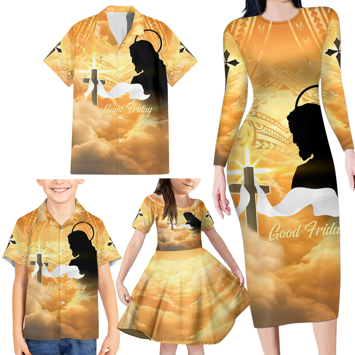 Happy Good Friday Family Matching Long Sleeve Bodycon Dress and Hawaiian Shirt God Will Bless You LT05 - Polynesian Pride