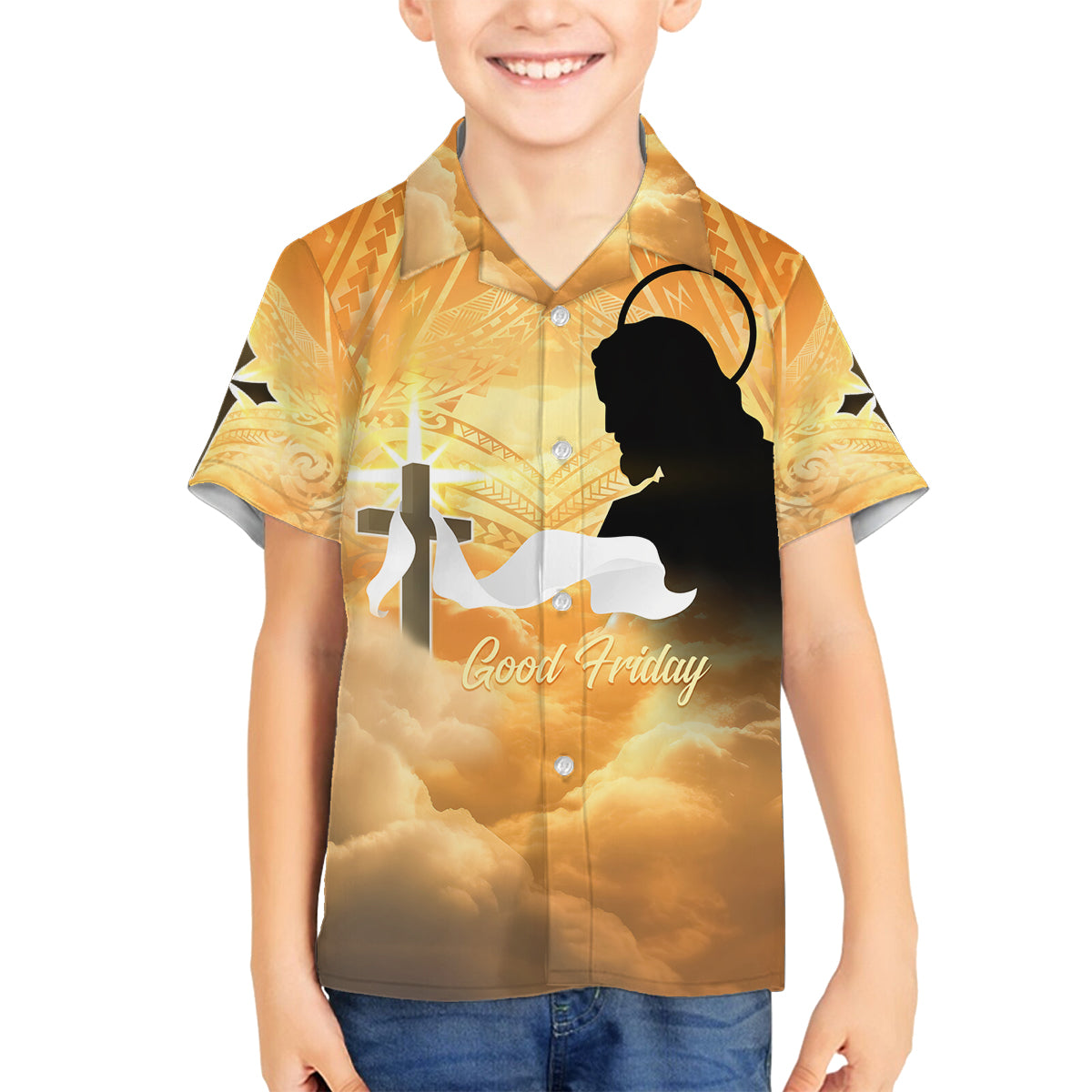 Happy Good Friday Family Matching Long Sleeve Bodycon Dress and Hawaiian Shirt God Will Bless You LT05 Son's Shirt Gold - Polynesian Pride