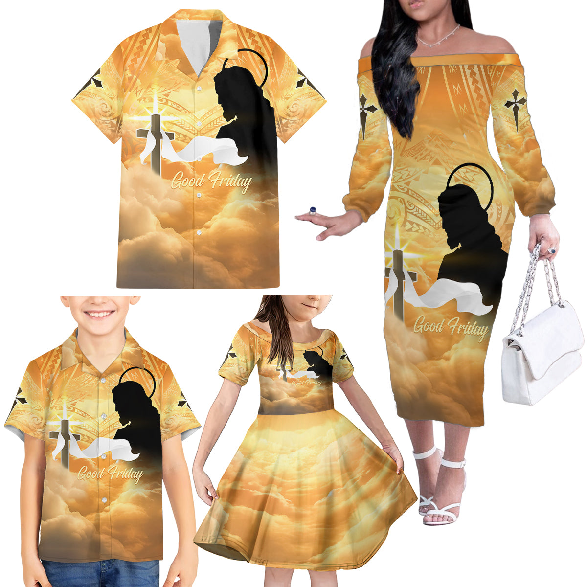 Happy Good Friday Family Matching Off Shoulder Long Sleeve Dress and Hawaiian Shirt God Will Bless You LT05 - Polynesian Pride