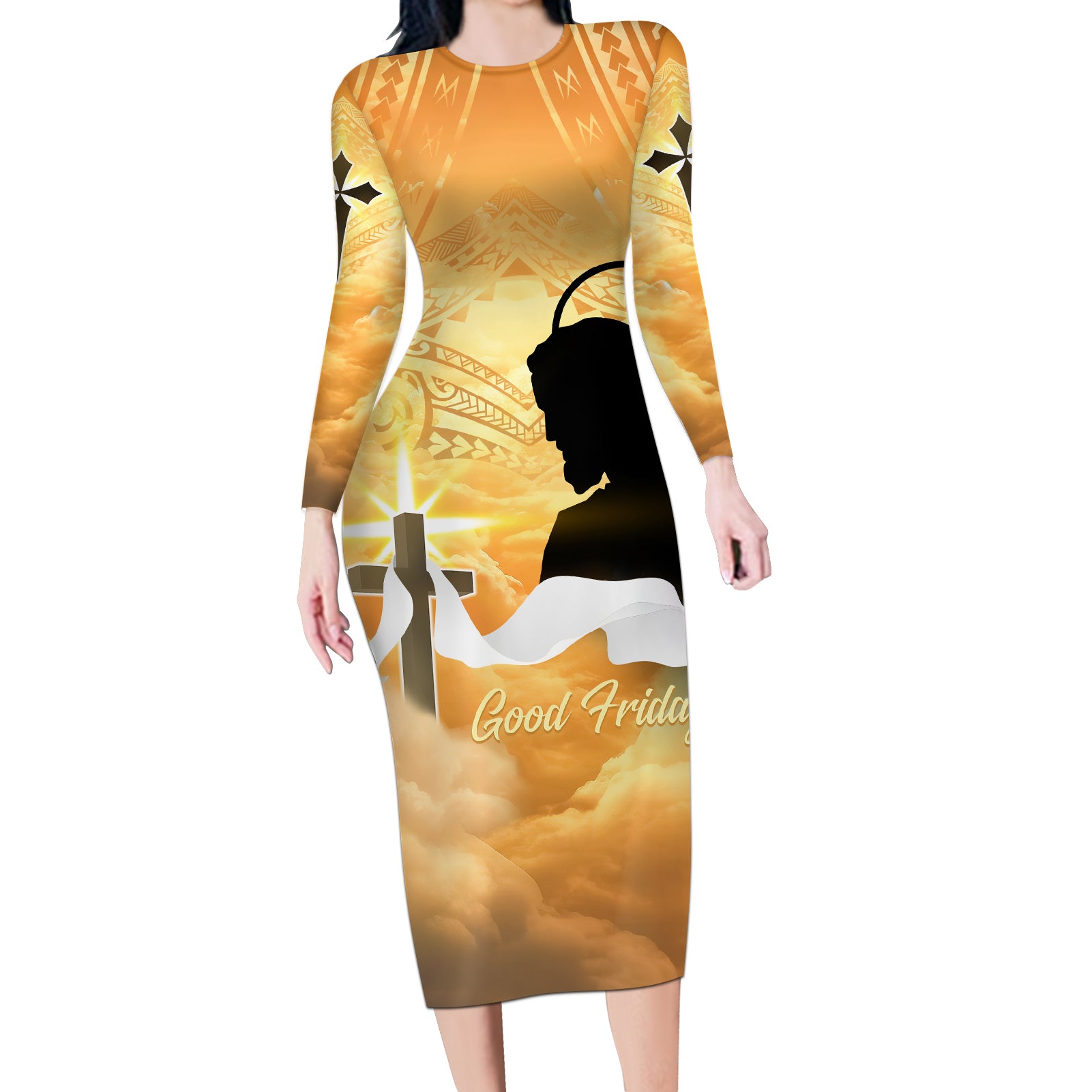 Happy Good Friday Long Sleeve Bodycon Dress God Will Bless You LT05 Long Dress Gold - Polynesian Pride