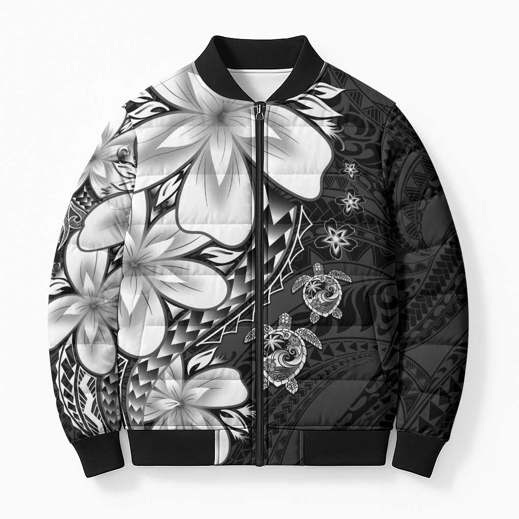 Polynesia Romantic Valentine Bomber Puffer Jacket Sea Turtle Couple With Black Plumeria LT05 Unisex Black - Polynesian Pride