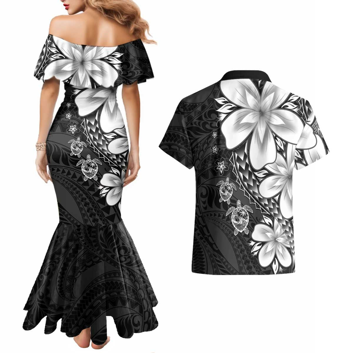 Polynesia Romantic Valentine Couples Matching Mermaid Dress and Hawaiian Shirt Sea Turtle Couple With Black Plumeria