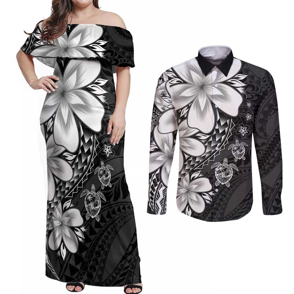 Polynesia Romantic Valentine Couples Matching Off Shoulder Maxi Dress and Long Sleeve Button Shirt Sea Turtle Couple With Black Plumeria LT05 Black - Polynesian Pride