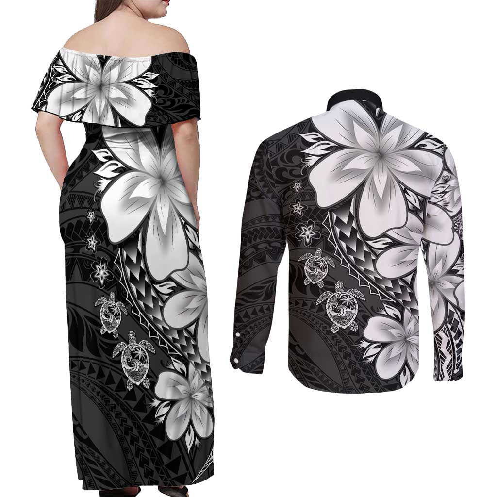 Polynesia Romantic Valentine Couples Matching Off Shoulder Maxi Dress and Long Sleeve Button Shirt Sea Turtle Couple With Black Plumeria LT05 - Polynesian Pride