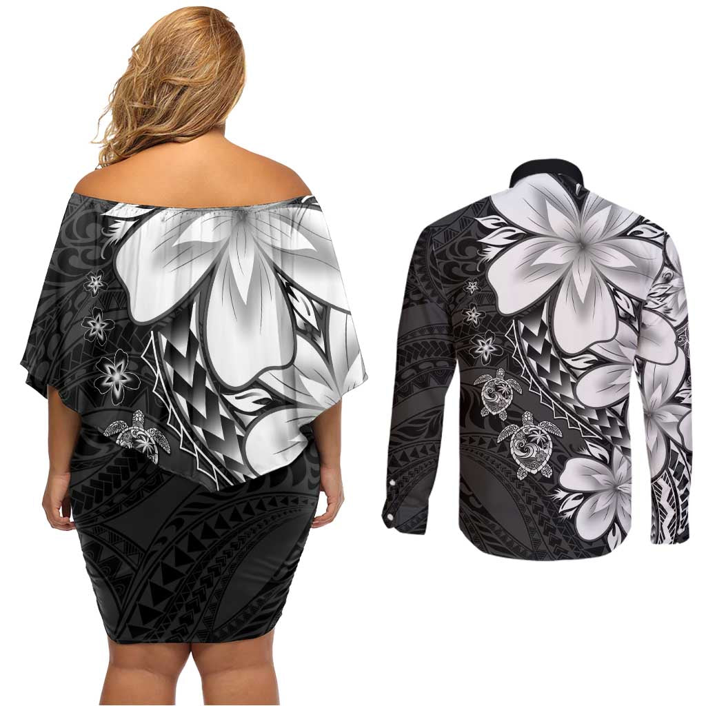 Polynesia Romantic Valentine Couples Matching Off Shoulder Short Dress and Long Sleeve Button Shirt Sea Turtle Couple With Black Plumeria LT05 - Polynesian Pride