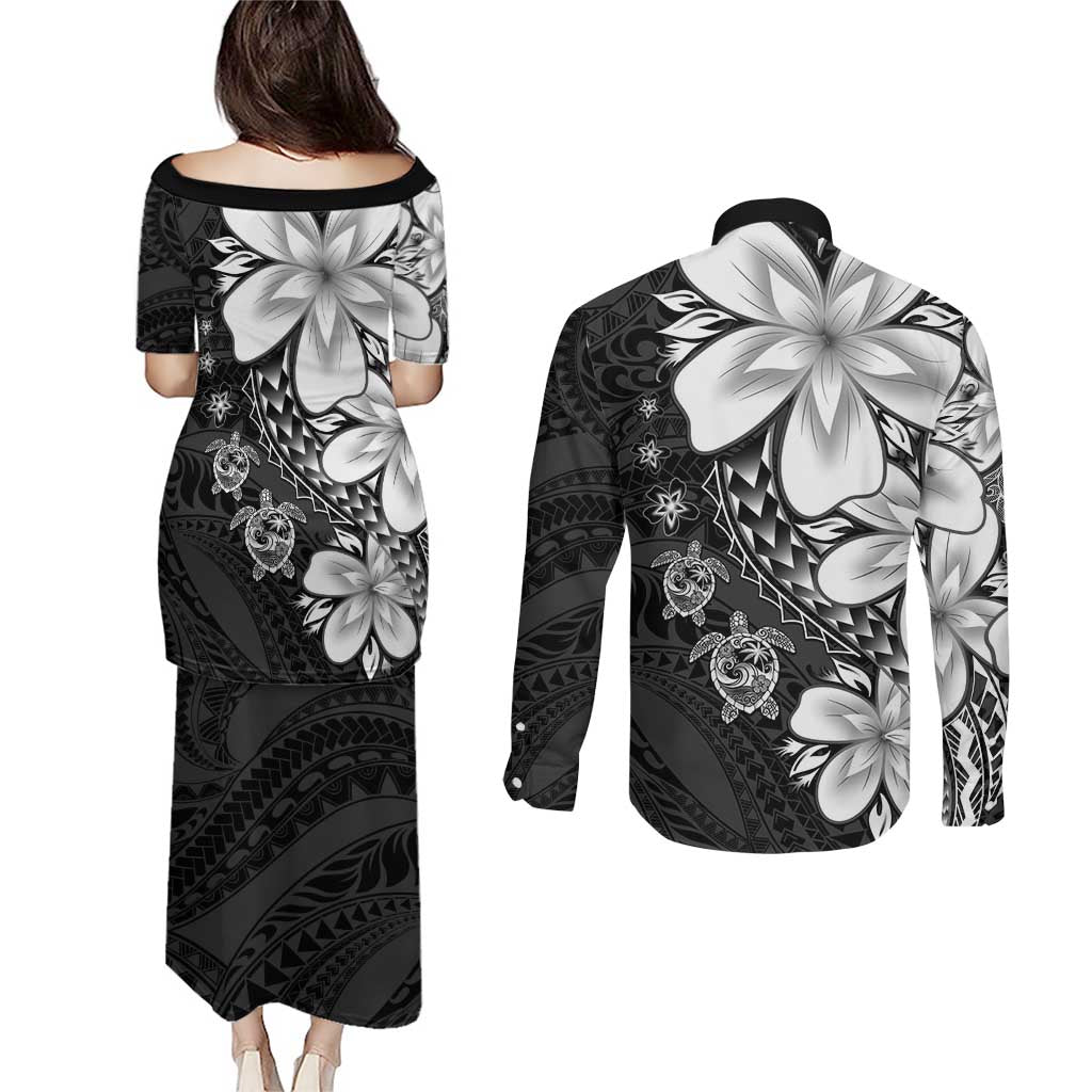 Polynesia Romantic Valentine Couples Matching Puletasi and Long Sleeve Button Shirt Sea Turtle Couple With Black Plumeria LT05 - Polynesian Pride