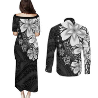 Polynesia Romantic Valentine Couples Matching Puletasi and Long Sleeve Button Shirt Sea Turtle Couple With Black Plumeria LT05 - Polynesian Pride