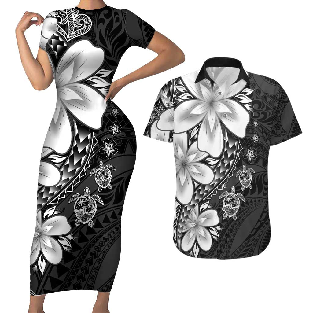 Polynesia Romantic Valentine Couples Matching Short Sleeve Bodycon Dress and Hawaiian Shirt Sea Turtle Couple With Black Plumeria LT05 Black - Polynesian Pride