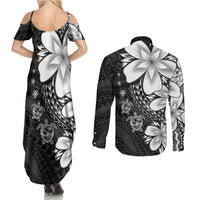 Polynesia Romantic Valentine Couples Matching Summer Maxi Dress and Long Sleeve Button Shirt Sea Turtle Couple With Black Plumeria LT05 - Polynesian Pride
