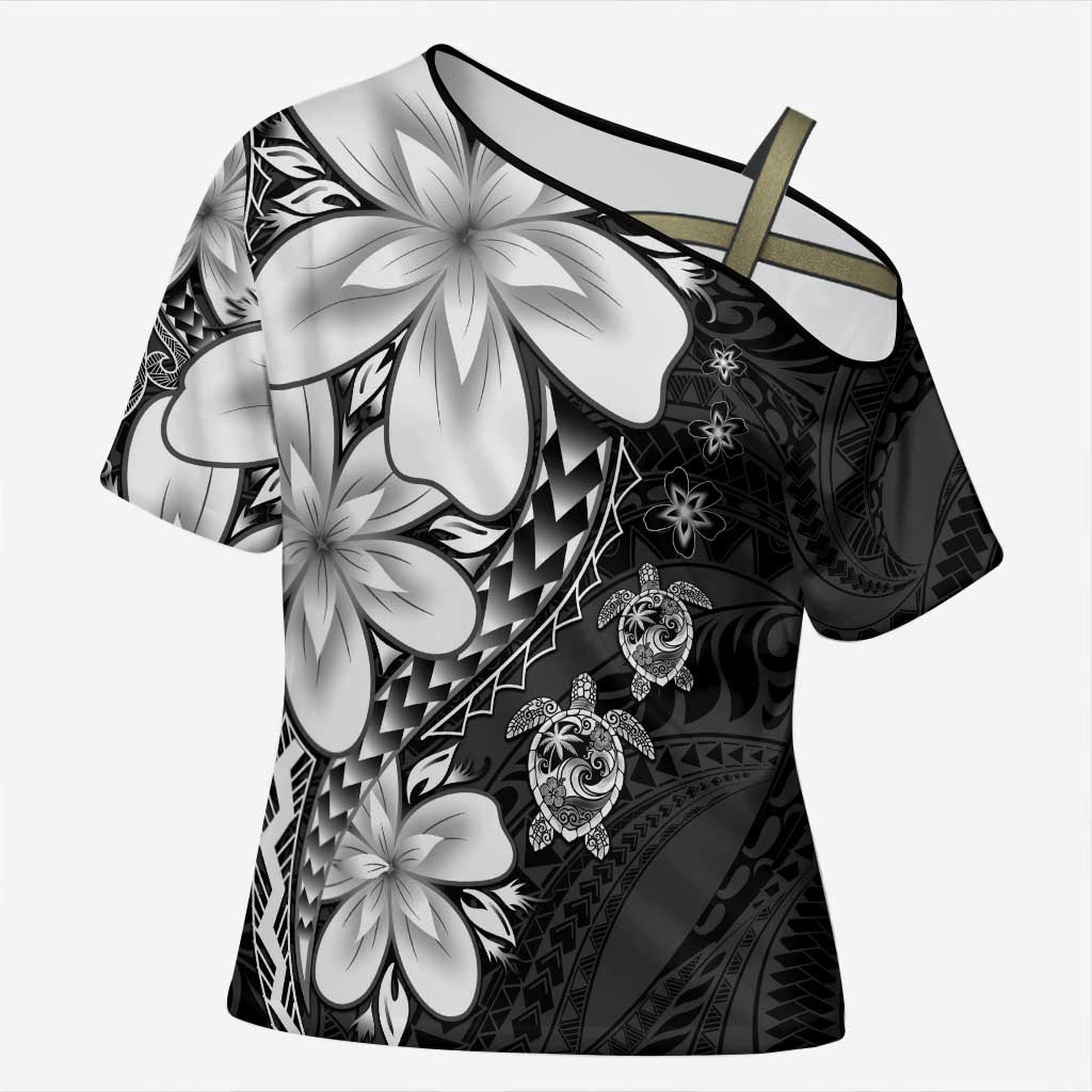 Polynesia Romantic Valentine Cross Shoulder Shirt Sea Turtle Couple With Black Plumeria LT05 Female Black - Polynesian Pride