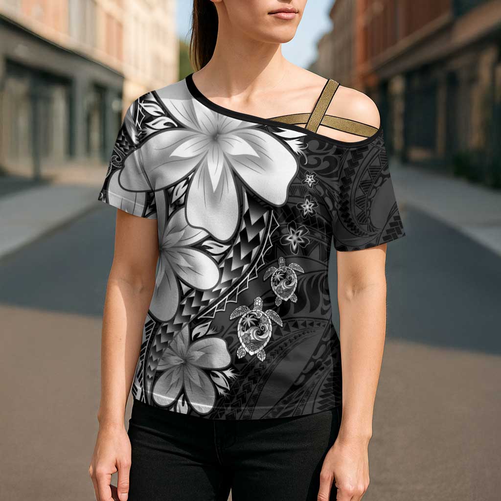 Polynesia Romantic Valentine Cross Shoulder Shirt Sea Turtle Couple With Black Plumeria LT05 - Polynesian Pride