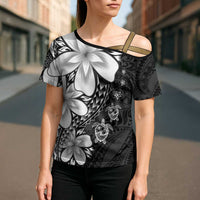 Polynesia Romantic Valentine Cross Shoulder Shirt Sea Turtle Couple With Black Plumeria LT05 - Polynesian Pride