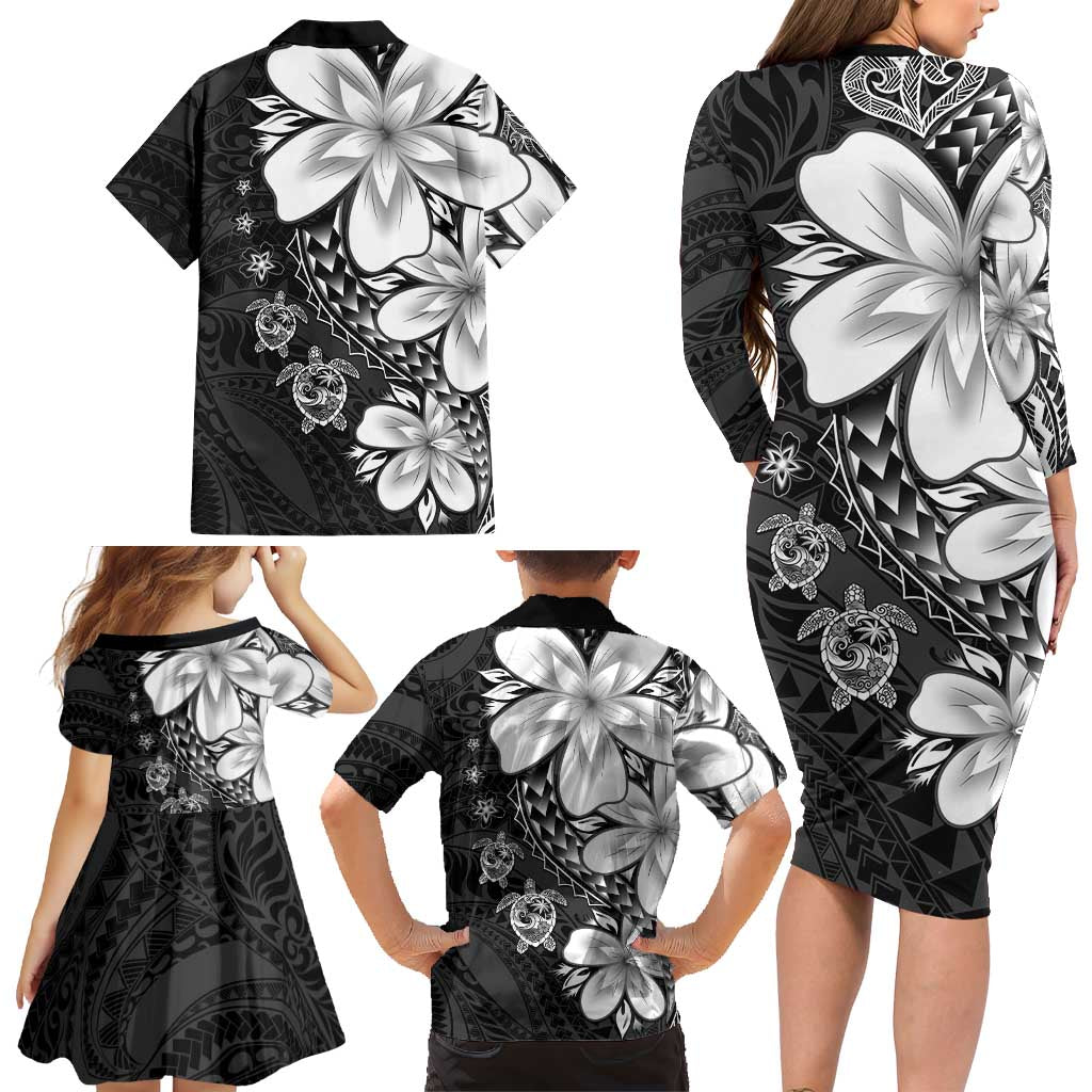 Polynesia Romantic Valentine Family Matching Long Sleeve Bodycon Dress and Hawaiian Shirt Sea Turtle Couple With Black Plumeria