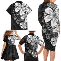 Polynesia Romantic Valentine Family Matching Long Sleeve Bodycon Dress and Hawaiian Shirt Sea Turtle Couple With Black Plumeria