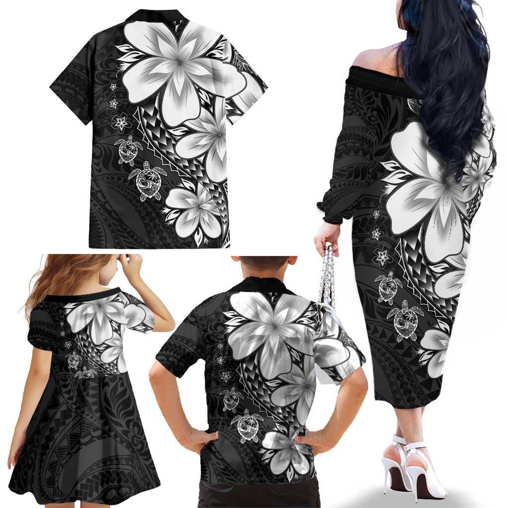 Polynesia Romantic Valentine Family Matching Off The Shoulder Long Sleeve Dress and Hawaiian Shirt Sea Turtle Couple With Black Plumeria