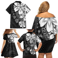 Polynesia Romantic Valentine Family Matching Off Shoulder Short Dress and Hawaiian Shirt Sea Turtle Couple With Black Plumeria