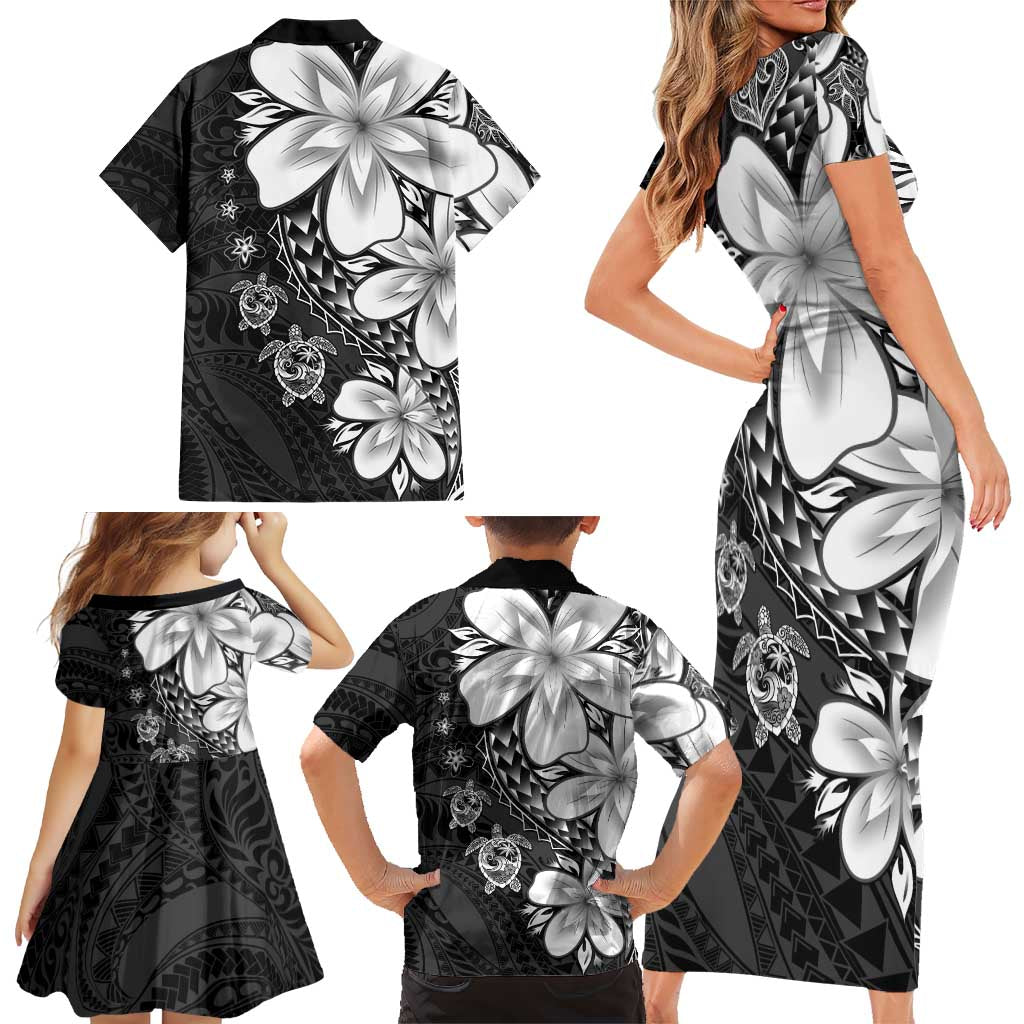 Polynesia Romantic Valentine Family Matching Short Sleeve Bodycon Dress and Hawaiian Shirt Sea Turtle Couple With Black Plumeria