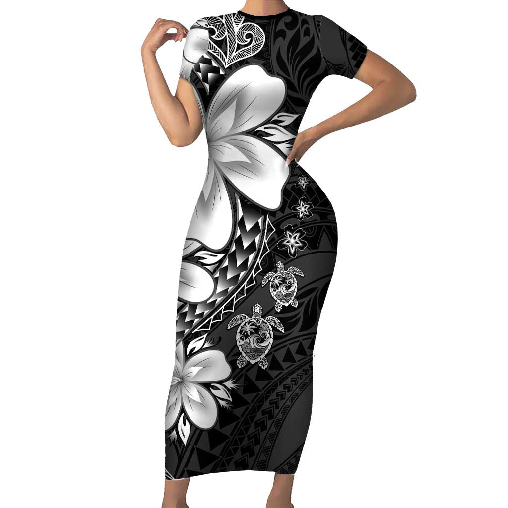 Polynesia Romantic Valentine Family Matching Short Sleeve Bodycon Dress and Hawaiian Shirt Sea Turtle Couple With Black Plumeria
