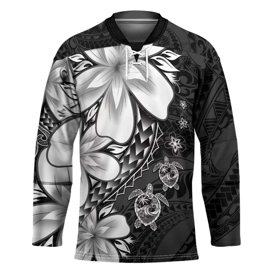 Polynesia Romantic Valentine Hockey Jersey Sea Turtle Couple With Black Plumeria LT05 Unisex Black - Polynesian Pride