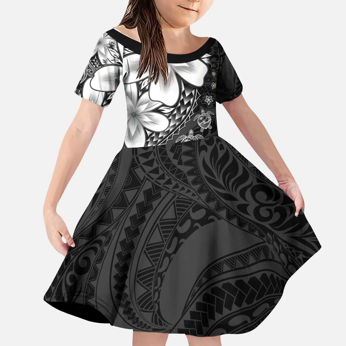 Polynesia Romantic Valentine Kid Short Sleeve Dress Sea Turtle Couple With Black Plumeria LT05 KID Black - Polynesian Pride