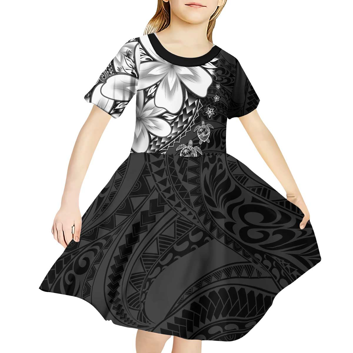 Polynesia Romantic Valentine Kid Short Sleeve Dress Sea Turtle Couple With Black Plumeria LT05 - Polynesian Pride