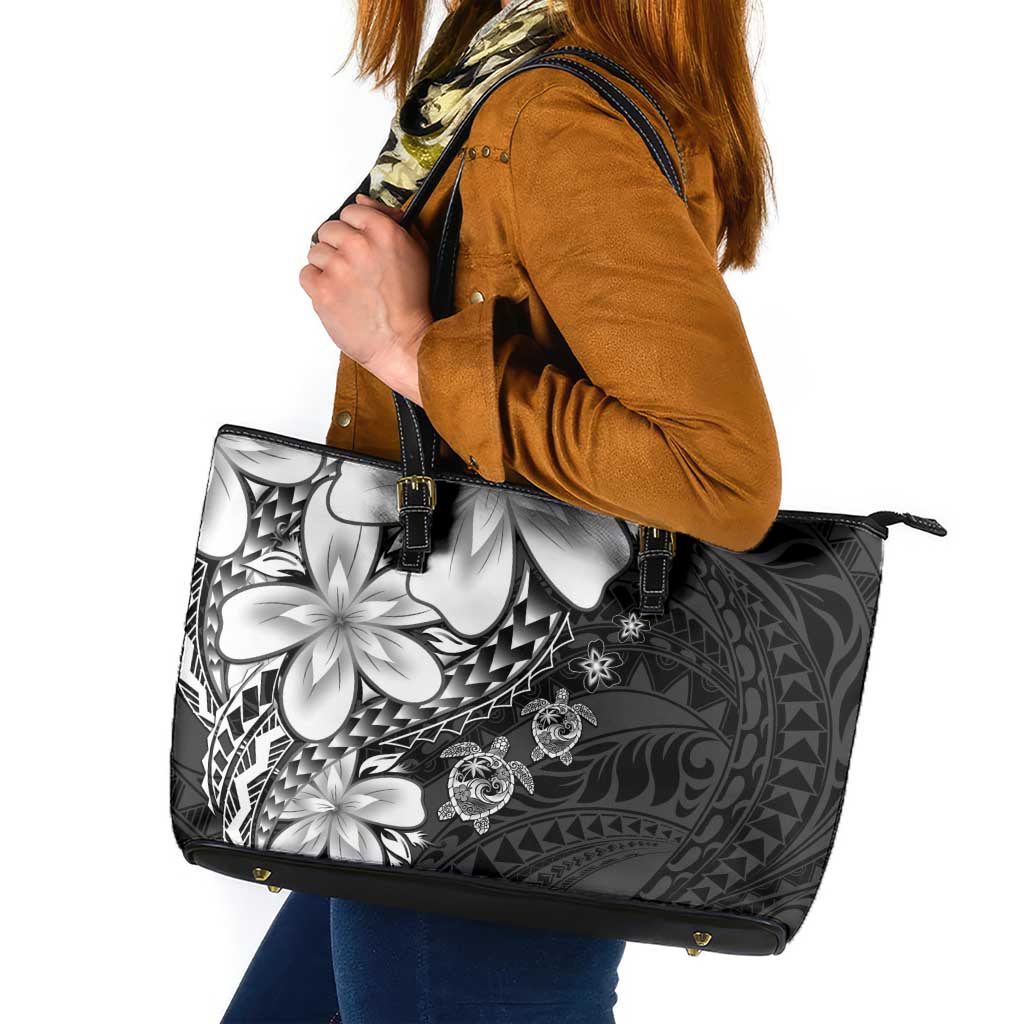 Polynesia Romantic Valentine Leather Tote Bag Sea Turtle Couple With Black Plumeria LT05 Black - Polynesian Pride