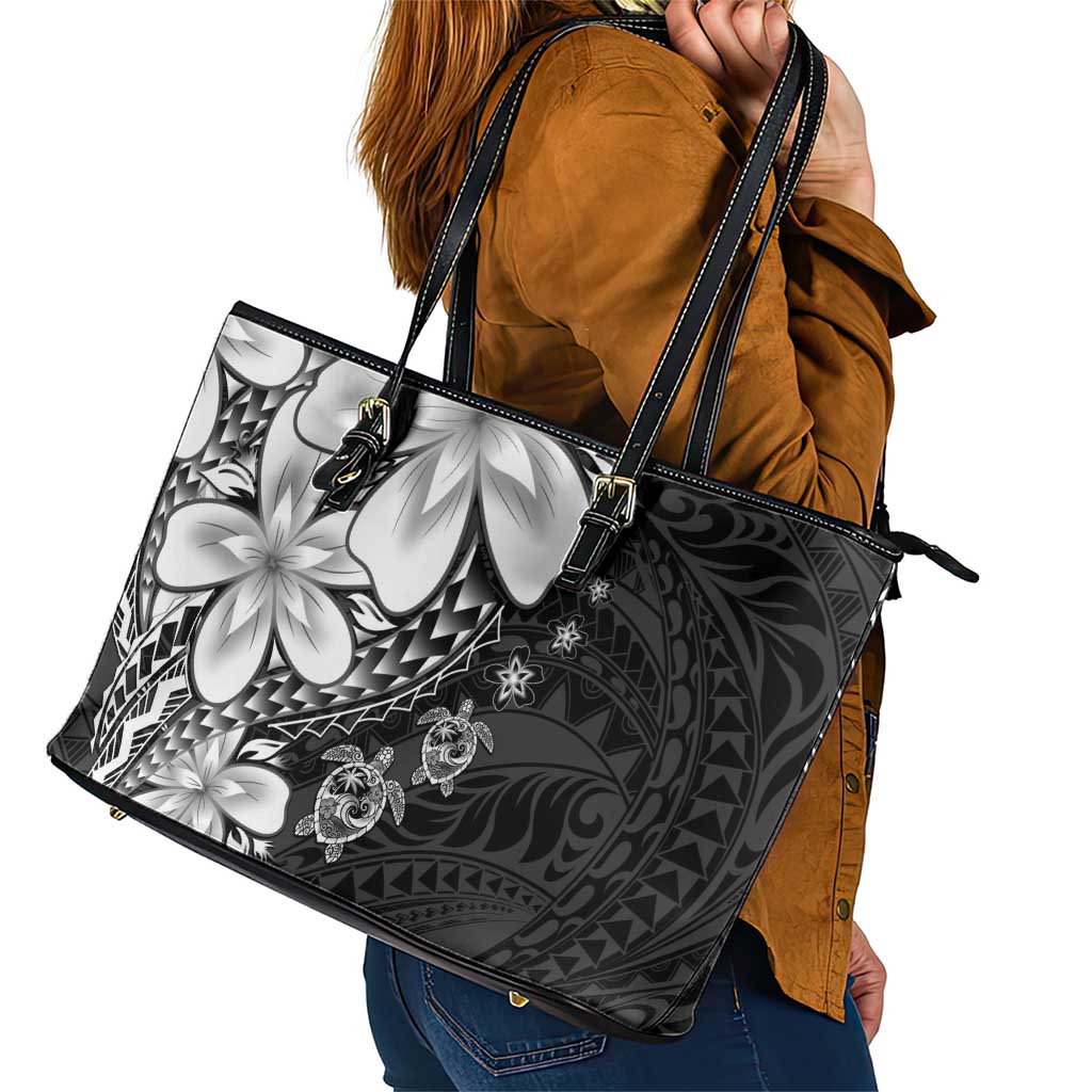 Polynesia Romantic Valentine Leather Tote Bag Sea Turtle Couple With Black Plumeria