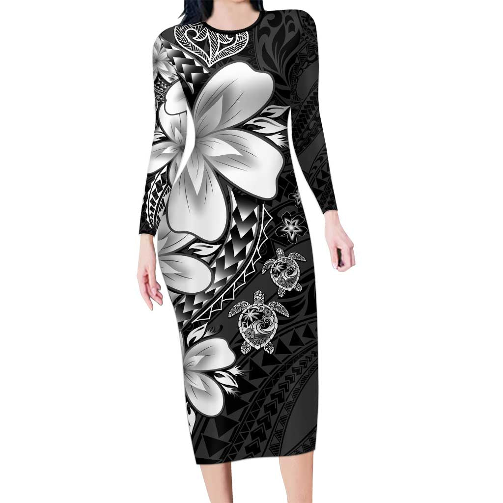 Polynesia Romantic Valentine Long Sleeve Bodycon Dress Sea Turtle Couple With Black Plumeria