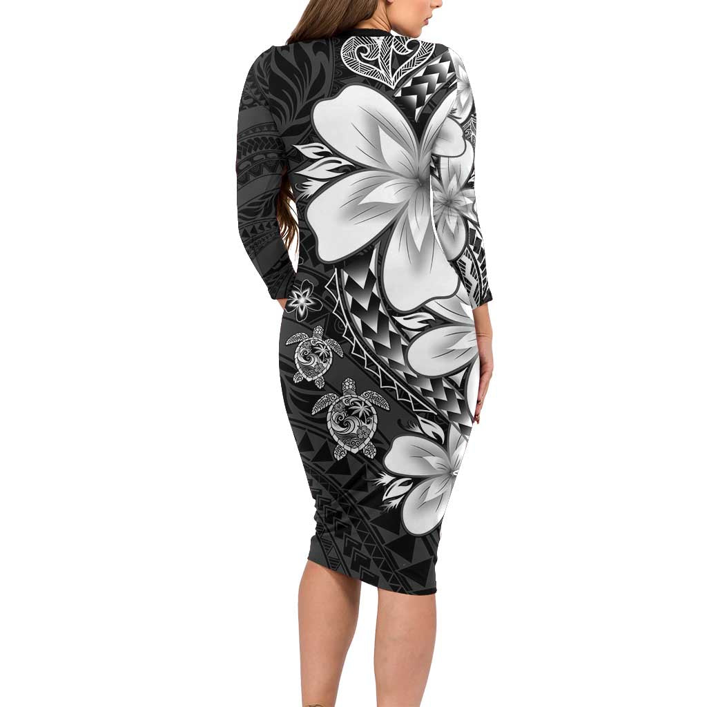 Polynesia Romantic Valentine Long Sleeve Bodycon Dress Sea Turtle Couple With Black Plumeria