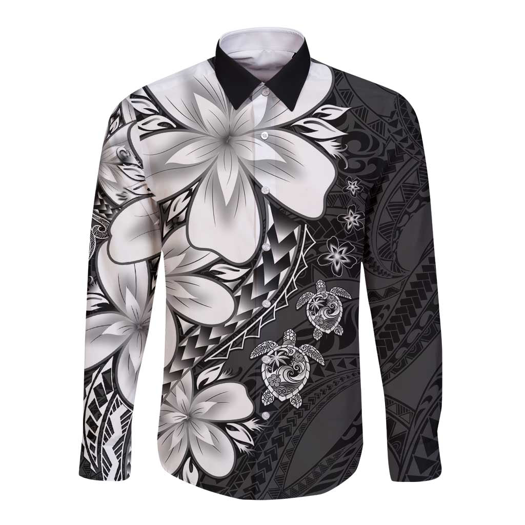 Polynesia Romantic Valentine Long Sleeve Button Shirt Sea Turtle Couple With Black Plumeria LT05 Unisex Black - Polynesian Pride