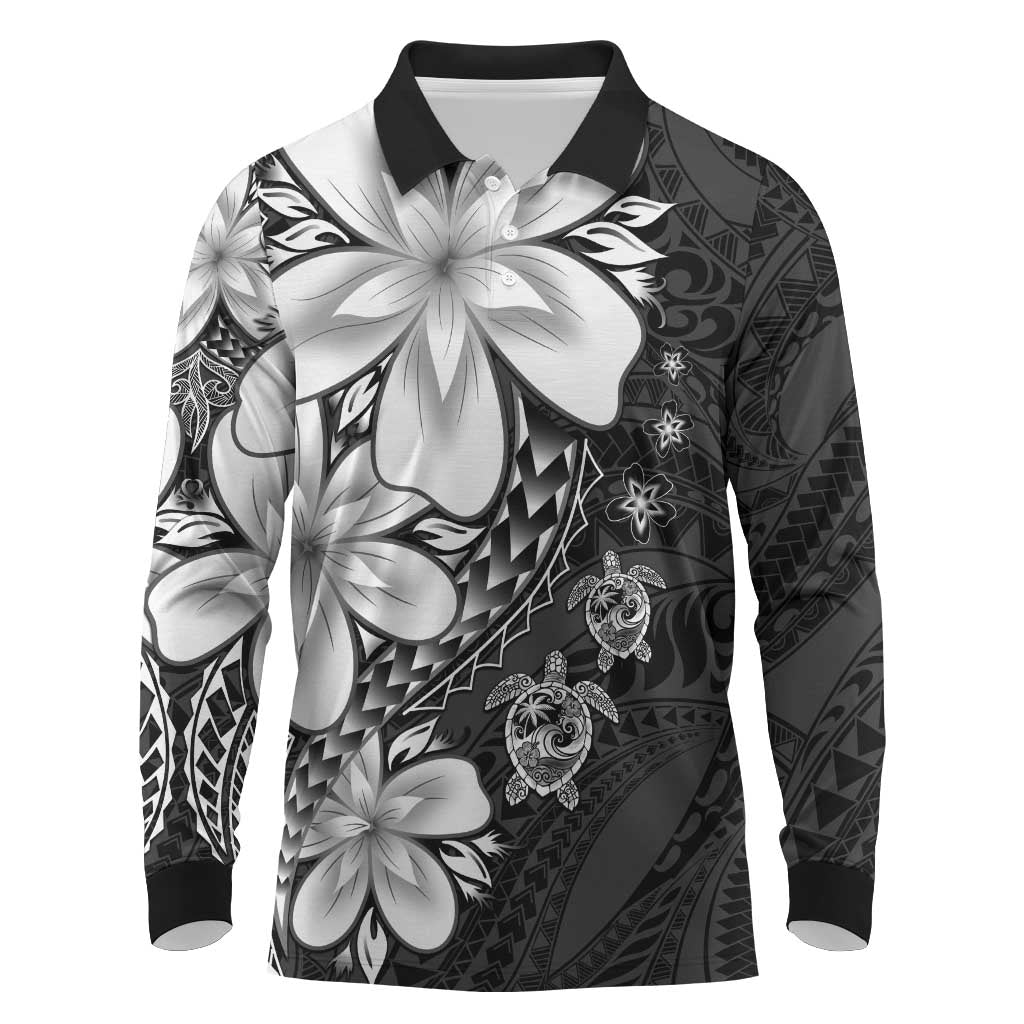 Polynesia Romantic Valentine Long Sleeve Polo Shirt Sea Turtle Couple With Black Plumeria LT05 Black - Polynesian Pride